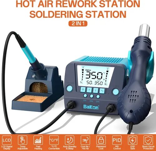 Miniatura 2 de BAKON 882 - Estación de soldadura digital 2 en 1 de retrabajo de aire caliente con 3 canales preestablecidos, soldadura automática de sueño