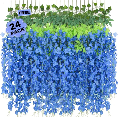 Miniatura 7 de 25 Pcs Artificial Wisteria Hanging Flowers 3.6ft Dusty Blue & White Fake Hanging Flowers Garland Silk Flowers Rattan String Faux Wisteria Vine for