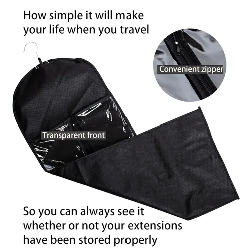 Miniatura 6 de Paquete de 2 soportes para extensiones de cabello, bolsa de almacenamiento de peluca con colgador, extensiones de cabello, paquetes de cola