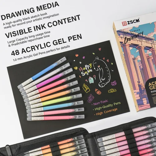 Miniatura 2 de ZSCM Bolígrafos de gel acrílico 3D de 48 colores y cuaderno de bocetos de papel negro para dibujo, bolígrafo de tinta acrílica de punta fina