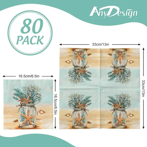 Miniatura 2 de AnyDesign Paquete de 80 servilletas de papel de playa desechables con estrellas de mar en orilla del mar, tarros de coral masón de postre