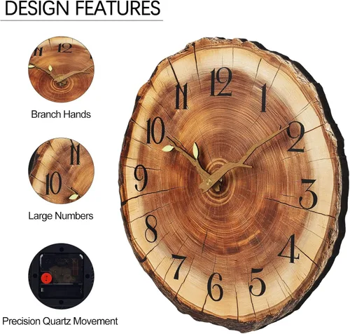 Miniatura 5 de JoFomp Reloj de pared de madera con anillo anual, funciona con pilas, reloj de pared silencioso de 12 pulgadas sin tictac, reloj de pared rústico
