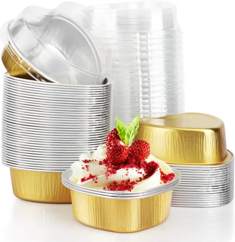 Miniatura 11 de EUSOAR Moldes para hornear en forma de corazón, de papel de aluminio, de 3.4 onzas, con tapas, aperitivos, postres, flan, cupcakes, tartas, ramekin