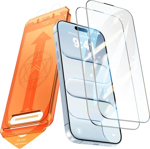 Miniatura 10 de Paquete de 2 protectores de pantalla para iPhone 15 Pro, dureza 9H, protector de pantalla de vidrio templado con kit de alineación automática