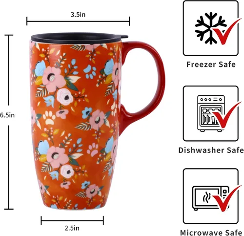 Miniatura 7 de Taza de viaje de cerámica de 17 onzas con tapa y asa, taza de café con patrón floral de abeja, apta para microondas y lavavajillas, taza de café