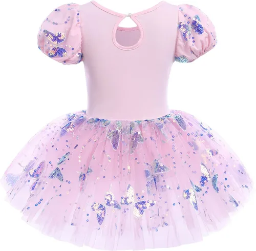 Miniatura 3 de Leotardos de ballet para niñas, 4 colores, mariposa, lentejuelas brillantes, vestido tutú de baile, manga abombada, ojo de cerradura en la espalda