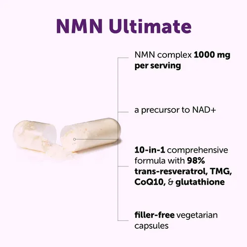 Miniatura 3 de Complejo NMN 1,000 mg por porción, 60 cápsulas vegetales 10 en 1 con mononucleótido de nicotinamida, vitamina C, resveratrol, CoQ10, TMG