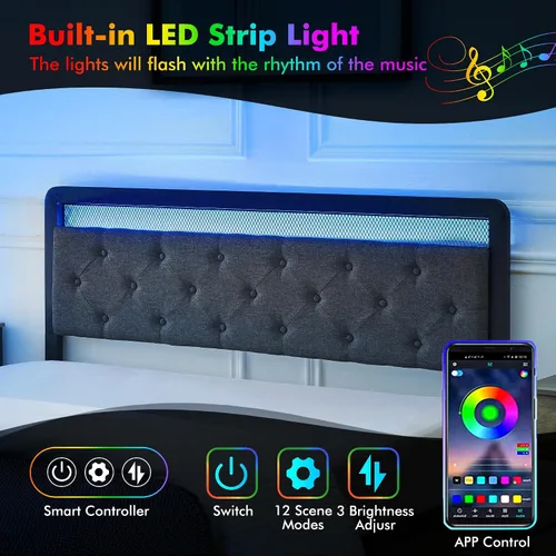 Miniatura 4 de Base de cama Queen con 2 cajones de almacenamiento, cabecera capitonada con botones y luces LED, cama de plataforma tapizada con almacenamiento