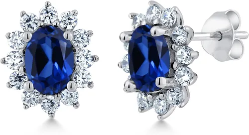 Gem Stone King Aretes ovalados de plata de ley 925 de 0.276 x 0.197 in con piedra natal de la princesa Diana, estilo halo real para mujeres,