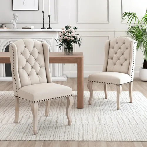 chairus Parsons - Juego de 2 sillas de comedor tapizadas estilo rústico francés con ribete de cabeza de clavo y patas de madera curvas, sillas de