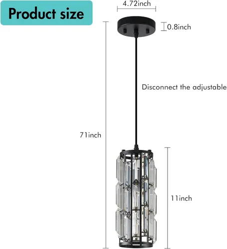 Miniatura 5 de Lámpara colgante negra moderna, mini lámpara colgante de cristal, lámpara colgante ajustable para cocina, comedor, dormitorio (paquete de 2 unidades)