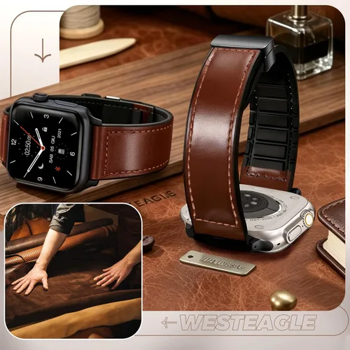 Miniatura 6 de Correas de cuero magnéticas compatibles con Apple Watch 42mm (Serie 10/11) 41mm 40mm 38mm para hombres y mujeres, cuero genuino con hebilla