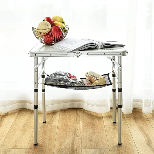 Miniatura 5 de YUFIFAIRY Mesa plegable pequeña de 2 pies, mesa de campamento portátil con soportes de malla, altura ajustable de aluminio ligero, con asa