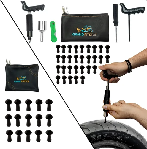 GRAND PITSTOP Kit de reparación de pinchazos de neumáticos sin cámara para motocicleta y automóviles con 30 tapones de hongos + paquete de 15