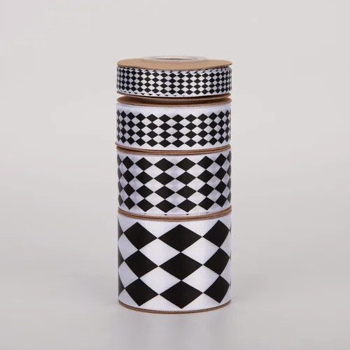 Miniatura 8 de Meseey 4 rollos en total de 20 yardas de cinta de satén a cuadros de diamante blanco y negro, cintas a cuadros de arlequín para envolver regalos