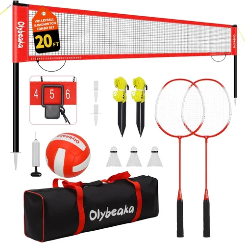 Miniatura 10 de Juego de red combinada de voleibol y bádminton al aire libre de 20 pies para patio trasero y playa con postes ajustables, red duradera