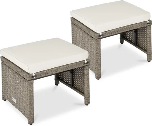 Miniatura 11 de Best Choice Products Juego de 2 otomanas de mimbre, muebles de exterior multiusos para patio, patio trasero, asientos adicionales, reposapiés, mesa