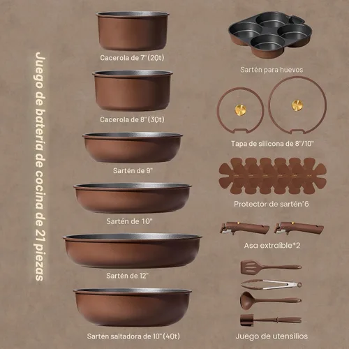 Miniatura 2 de CAROTE Juego de 21 ollas y sartenes, juego de utensilios de cocina antiadherentes, mango desmontable, juegos de utensilios de cocina de inducción