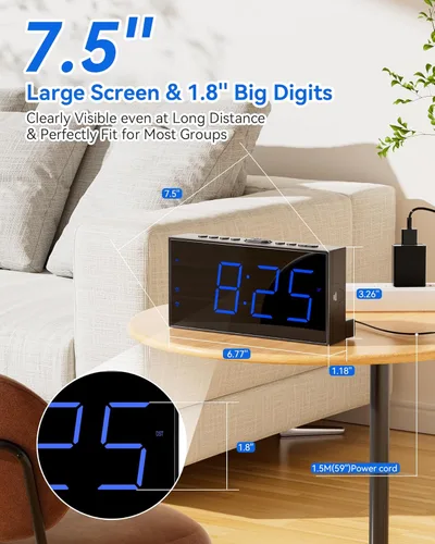 Miniatura 4 de Reloj despertador digital, reloj de alarma dual ruidoso para dormitorio, pantalla grande electrónica de 7.5 pulgadas con atenuador, cargador USB