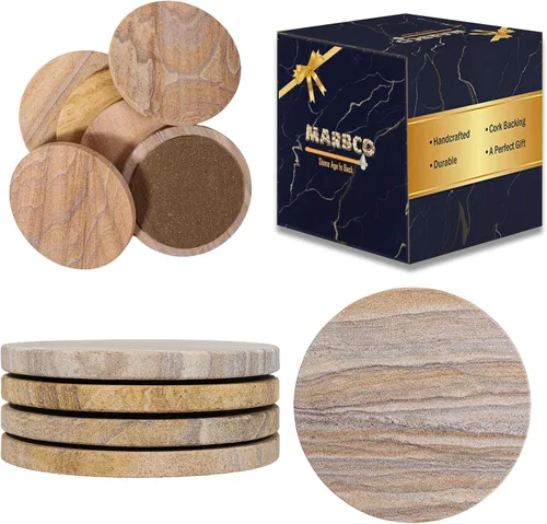 Miniatura 14 de Posavasos redondos absorbentes de agua hechos a mano para bebidas, 4 pulgadas de ancho, hechos de piedra arenisca arcoíris (juego de 6 con soporte)