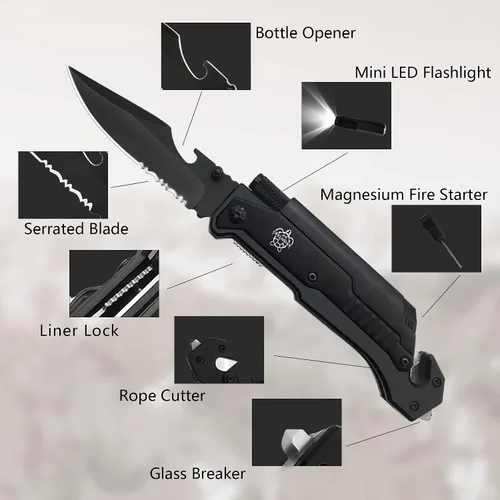 Miniatura 2 de Cuchillo de bolsillo militar EDC de 8.5 pulgadas para exteriores, 7 en 1, cuchillos plegables multifunción con iniciador de fuego, cortador de Negro