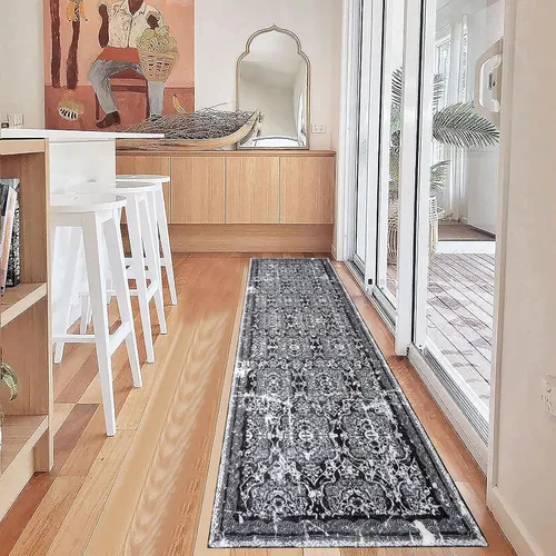 Miniatura 6 de Vaukki Alfombra de pasillo para pasillo, alfombra de lavandería vintage suave, alfombra antideslizante para entrada, alfombra lavable de estilo Negro