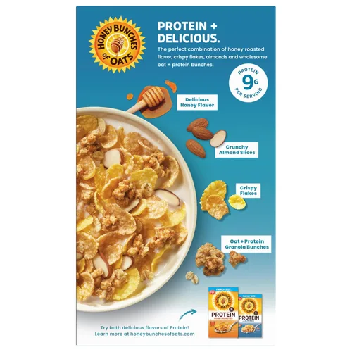 Miniatura 9 de Honey Bunches of Oats Cereal proteico de miel y almendras, desayuno o aperitivo, tamaño familiar, 15 onzas (paquete de 1)