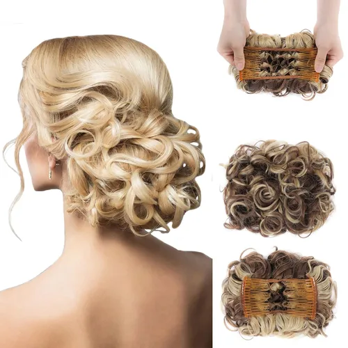 Miniatura 10 de Elaine Peines para moño desordenado, extensión de moños, extensión de moño grueso, con clip, coleteros para mujer (#blanco)