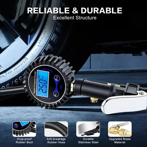 Miniatura 4 de Medidor digital de presión de neumáticos con inflador, portabrocas de aire resistente de 250 PSI y accesorios de compresor con acoplador de conexión