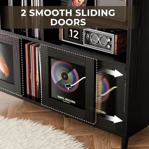 Miniatura 5 de Soporte XL para tocadiscos con puertas corredizas, gabinete de almacenamiento de discos de vinilo con estación de carga y puertos USB, mesa moderna