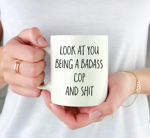 Miniatura 3 de Andaz Press Taza de café divertida de 11 onzas, regalo con texto en inglés "Look at You Being a Badass Cop and Shit", paquete de 1, incluye caja