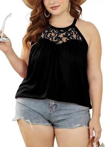 Miniatura 3 de WIHOLL Camisetas sin mangas para mujer, de ajuste holgado, con encaje halter, sin mangas, plisadas