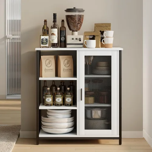 LVSOMT Mini gabinete de café para cocina del hogar, estación de soporte de café de 27.5 pulgadas con estantes y puerta ajustables, aparador de