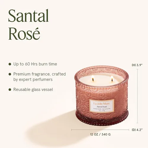 Miniatura 5 de LA JOLIE MUSE Santal Rosé Vela - Azafrán, Rosa, Pachulí Vela de cera de soya grande de 12 oz de 2 mechas 60 horas de combustión limpia Vela