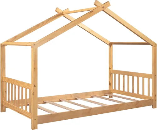 Miniatura 4 de Cama de casa de tamaño individual, cama de plataforma individual con cabecero y estribo, diseño de techo, muebles de dormitorio, natural