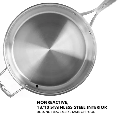 Miniatura 3 de Babish Sartén de acero inoxidable de tres capas de grado profesional con tapa, 5 cuartos de galón y 12 pulgadas de acero inoxidable triple de grado