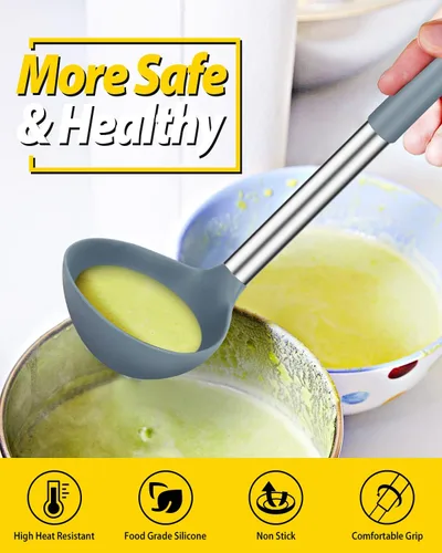 Miniatura 4 de Paquete de 2 cucharones de cucharón, cuchara grande de silicona para sopa, utensilios de cocina antiadherentes con alta resistencia al calor, sin