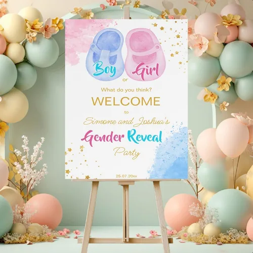 Custom NEwborn Shoes Gender Reveal Welcome Sign Poster Personalized He or She Boy Girl Baby Shower Party Decor Indoor Outdoor Decorations for Gender
