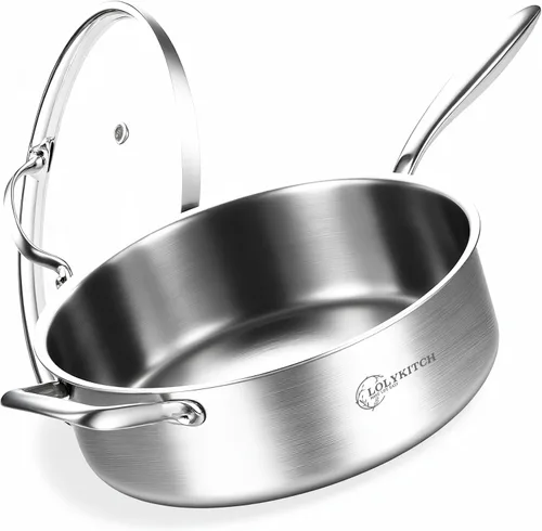 Miniatura 12 de LOLYKITCH Sartén tricapa de acero inoxidable de cuerpo entero de 5.5 QT con tapa, sartén para freír de 12 pulgadas, olla grande, apta para Plateado