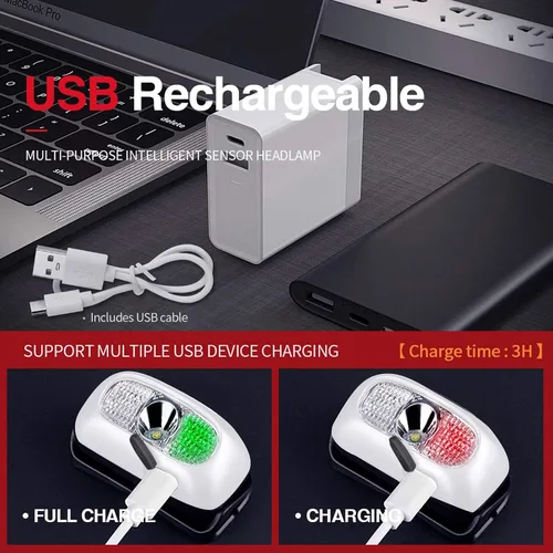 Miniatura 3 de Linterna frontal recargable, ultra brillante de 500 lúmenes, 5 modos de iluminación con luz roja, IPX4, impermeable, correa ajustable, linterna