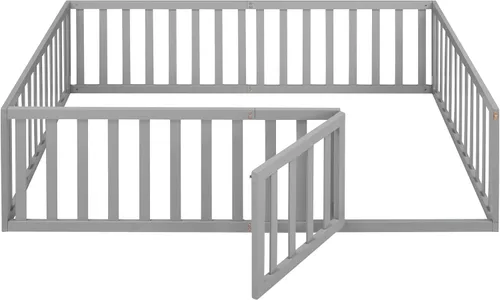 Miniatura 6 de Cama de suelo para niños, marco de cama Montessori de tamaño matrimonial con barandillas de valla para niños, camas de madera para niños y niñas