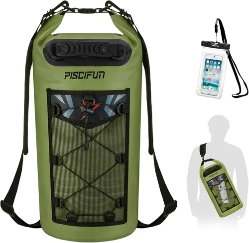 Piscifun Bolsa seca, mochila flotante impermeable 10L/20L/30L/40L con funda impermeable para teléfono para navegación, kayak, pesca Verde militar