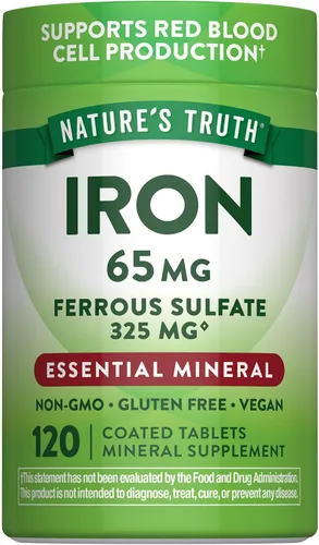 Suplemento de hierro de sulfato ferroso | 65 mg | 120 tabletas | Sin OMG, sin gluten | por Nature's Truth