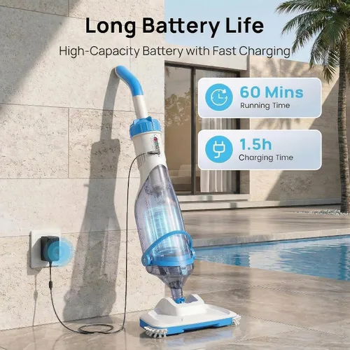 Miniatura 3 de Consciot Aspiradora de piscina para piscina sobre el suelo y piscina enterrada, limpiador de mano recargable con poste telescópico, succión de 18.5