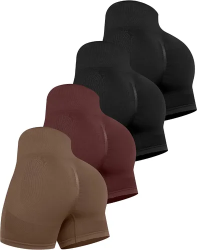 Miniatura 17 de CHRLEISURE Pantalones Cortos de Entrenamiento para Mujer, 4 Paquetes, Cintura Alta, Levantamiento de Glúteos con Fruncido, Pantalones Cortos Booty