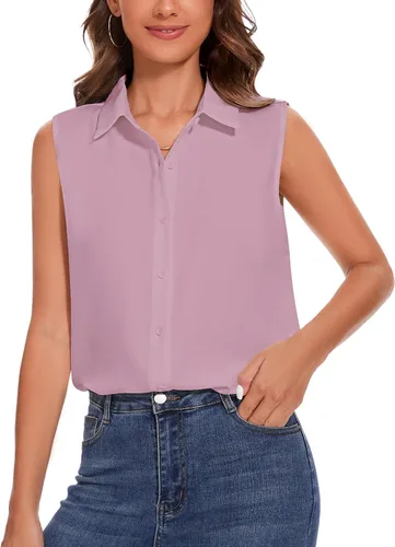 Miniatura 12 de YAMANMAN Camisa sin mangas con botones para mujer, blusa clásica con cuello redondo, camiseta básica de gasa para el trabajo y la oficina