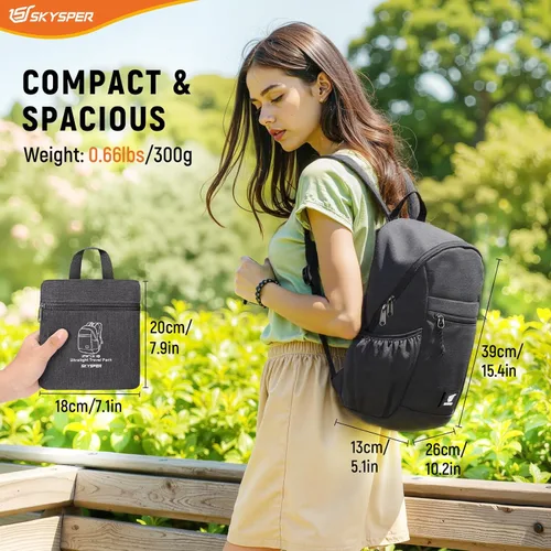 Miniatura 6 de SKYSPER Mochila de senderismo antirrobo, mochila de viaje plegable RFID de 18L, mochila plegable ligera para caminar de un día Negro