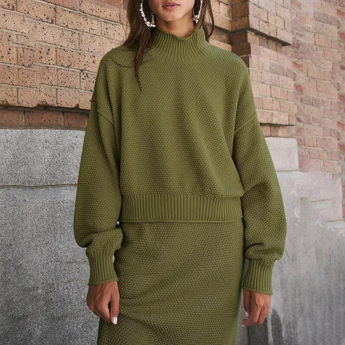 Miniatura 4 de FAMOORE Long Bathing Suit Bottom Set Outfits Mock Neck Long Sleeve Sweater Knit Maxi Long Skirt Sets Office Outfits for
