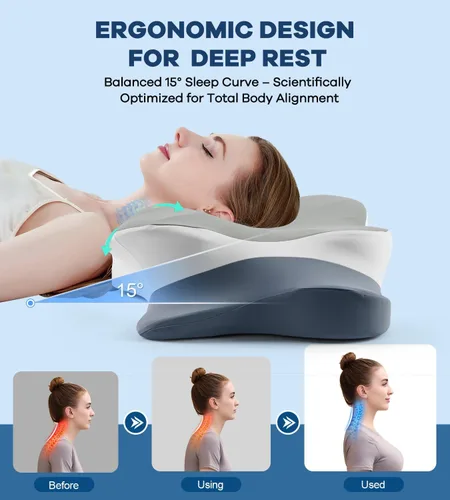 Miniatura 4 de DONAMA Almohada cervical para aliviar el dolor de cuello y hombros, almohada de espuma viscoelástica de contorno refrescante, almohada ergonómica