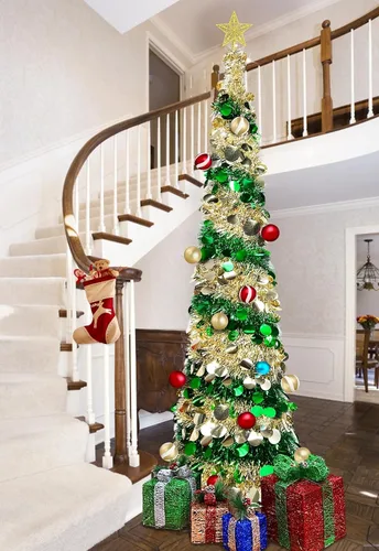Miniatura 5 de [Temporizador y 8 modos] Árbol de Navidad delgado iluminado de 6 pies, feliz año nuevo 2025 con 100 luces cambiantes blancas cálidas y multicolor